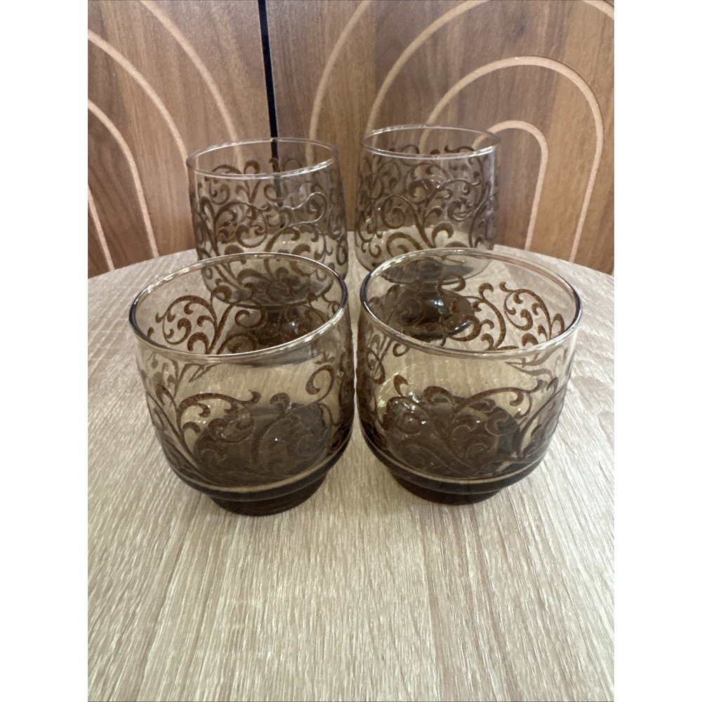 Vintage Libbey Prado Glass Tumblers Tawny Brown Raised Scroll Old Fashion MCM